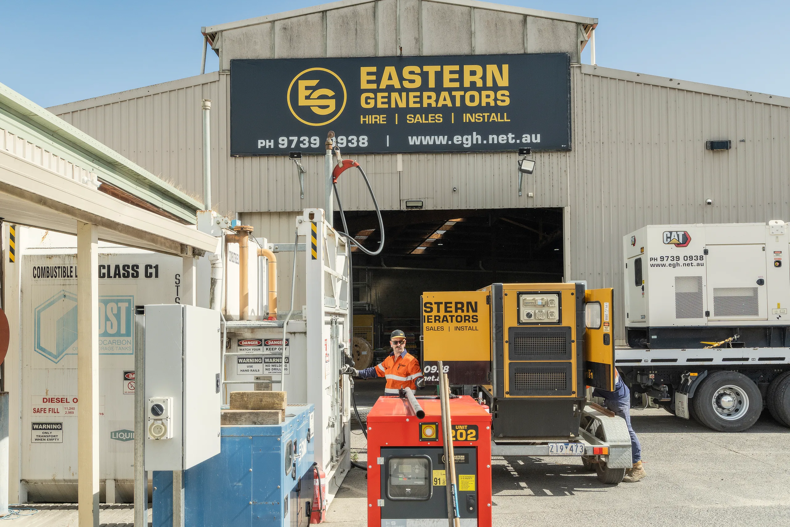 An Eastern Generators hire set being moved out of the Kilsyth depot by forklift