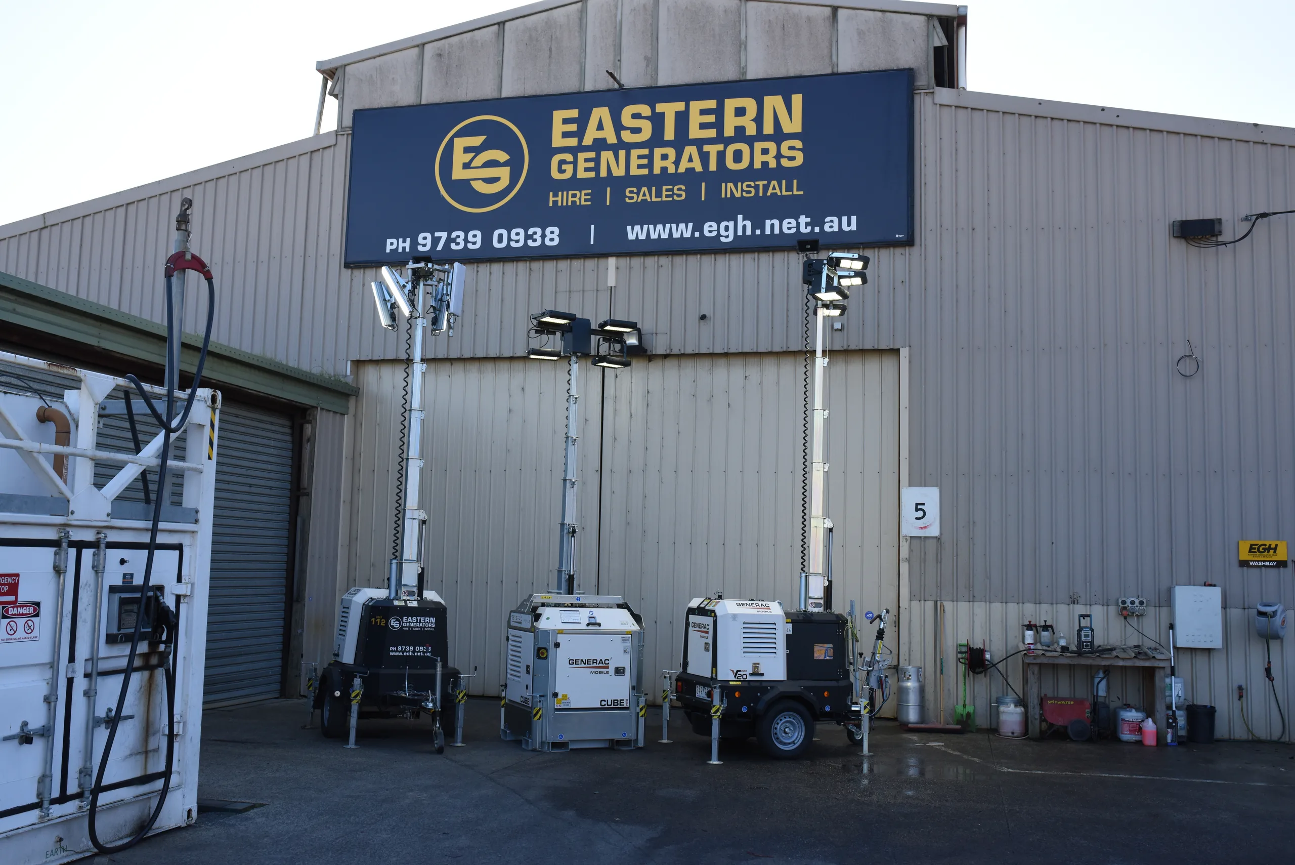 Super-silent canopied generators in the Eastern Generators warehouse