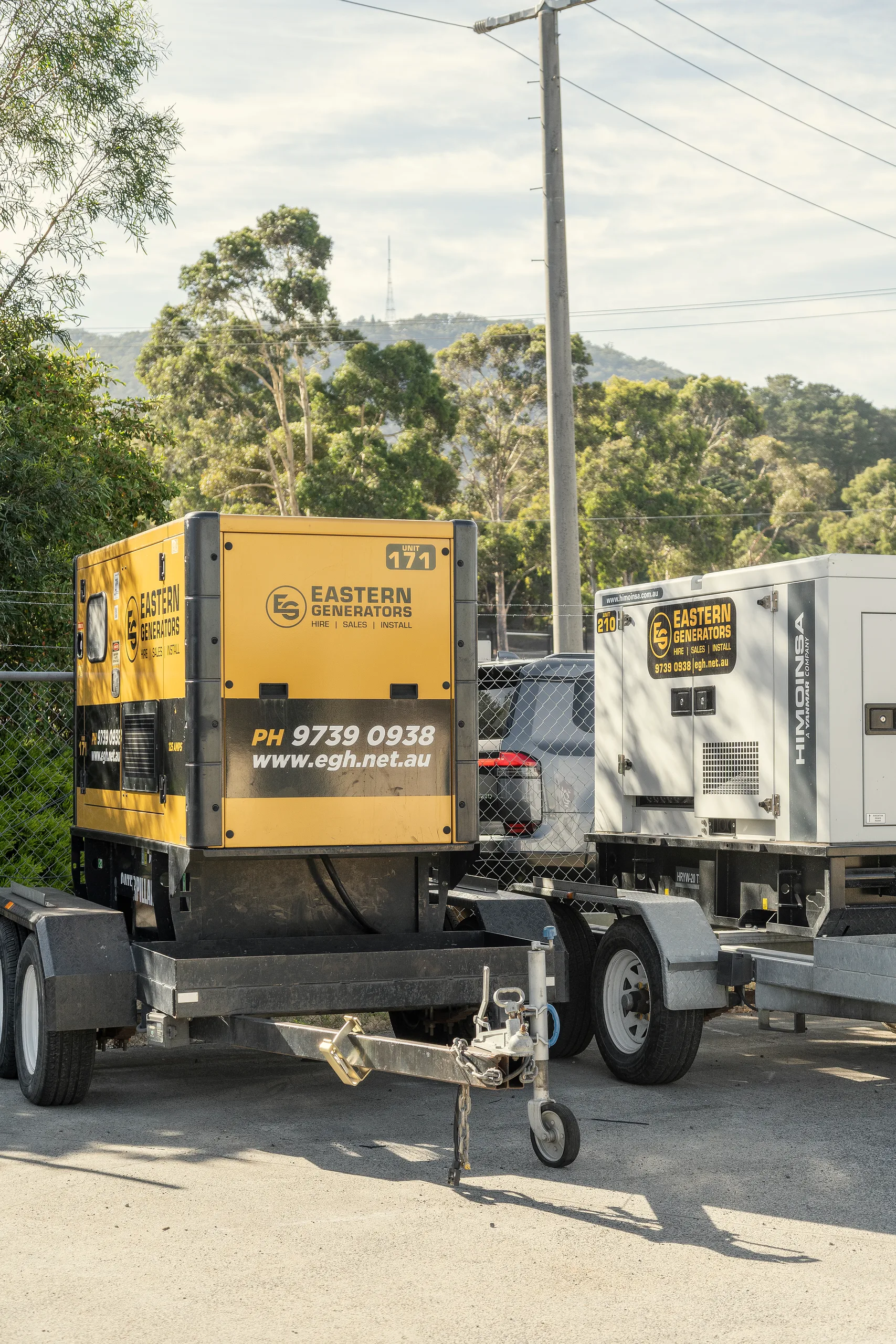 Trailer-mounted Eastern Generators canopied sets ready to go out